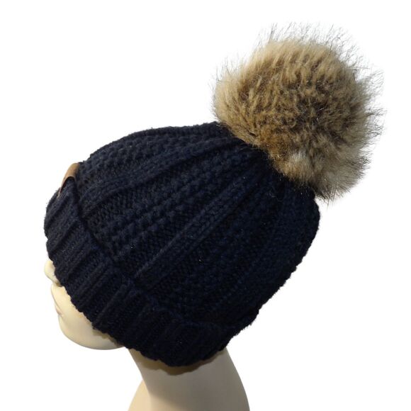 CC Women Black Thick Cable Knit Faux Fleece Lined Pompom Cuff Beanie‎ - Picture 3 of 4